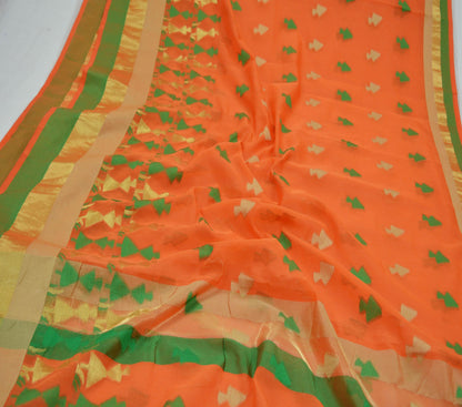 Indian Vintage Sari Orange Hand Woven Saree Organza Craft Fabric 6Yd Ethnic Sewing Geometric Zari Crafting Quilting Upcycle Dress making