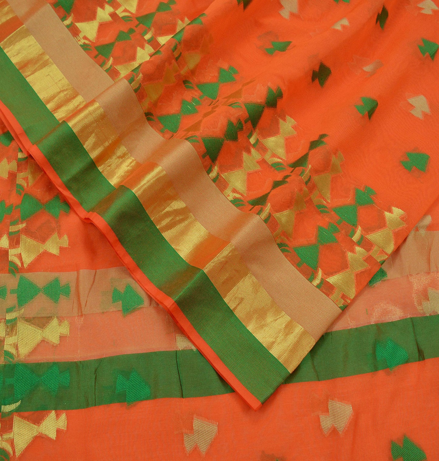 Indian Vintage Sari Orange Hand Woven Saree Organza Craft Fabric 6Yd Ethnic Sewing Geometric Zari Crafting Quilting Upcycle Dress making