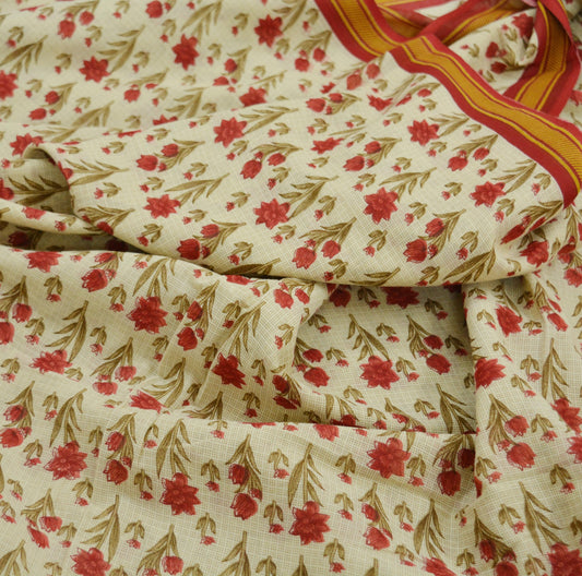 Indian Vintage Sari Beige Printed Saree 100% Pure Cotton 5Yd Craft Fabric Soft Sewing Sarong Wrap Floral Quilting Dress designing Upcycle
