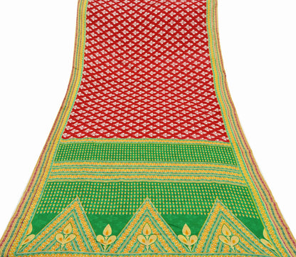 Indian Vintage Sari Green & Red Printed Pure Cotton Saree Craft Fabric 5Yd Sewing Sarong Wrap Boho Floral Crafting Upcycle Quilting Used