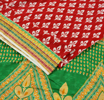 Indian Vintage Sari Green & Red Printed Pure Cotton Saree Craft Fabric 5Yd Sewing Sarong Wrap Boho Floral Crafting Upcycle Quilting Used