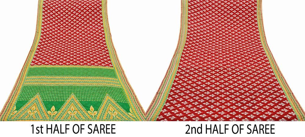 Indian Vintage Sari Green & Red Printed Pure Cotton Saree Craft Fabric 5Yd Sewing Sarong Wrap Boho Floral Crafting Upcycle Quilting Used