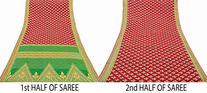 Indian Vintage Sari Green & Red Printed Pure Cotton Saree Craft Fabric 5Yd Sewing Sarong Wrap Boho Floral Crafting Upcycle Quilting Used