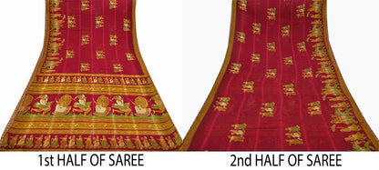 Indian Vintage Saffron & Red Saree Printed Lady Pure Cotton Sari Craft Fabric Soft 5Yd Sewing Sarong Wrap Boho Floral Quilting Crafting