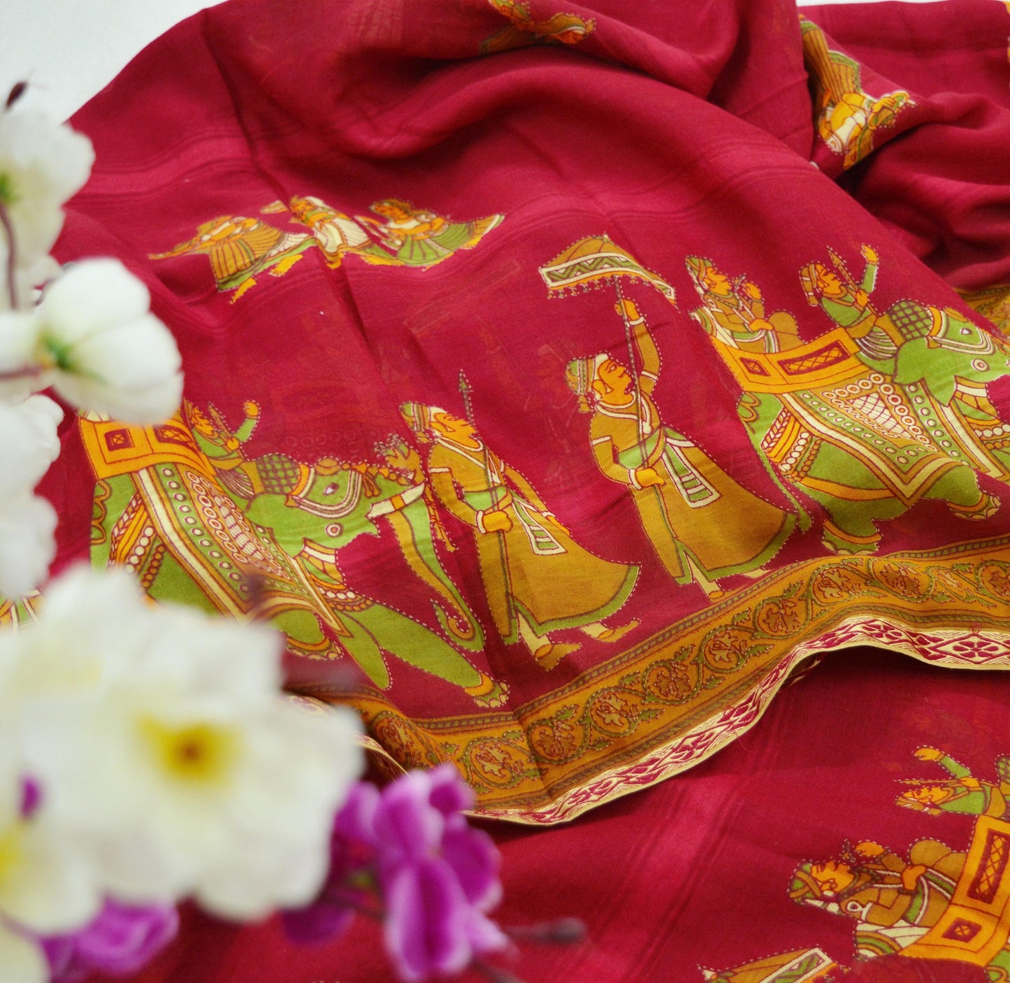 Indian Vintage Saffron & Red Saree Printed Lady Pure Cotton Sari Craft Fabric Soft 5Yd Sewing Sarong Wrap Boho Floral Quilting Crafting