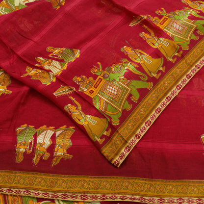 Indian Vintage Saffron & Red Saree Printed Lady Pure Cotton Sari Craft Fabric Soft 5Yd Sewing Sarong Wrap Boho Floral Quilting Crafting