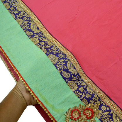 Indian Vintage Heavy Sari Pink Pure Silk Hand Embroidered Saree Fabric 5Yd Sewing Soft Zardozi/Dabka Sequins Wedding Heavy sarees Ethnic