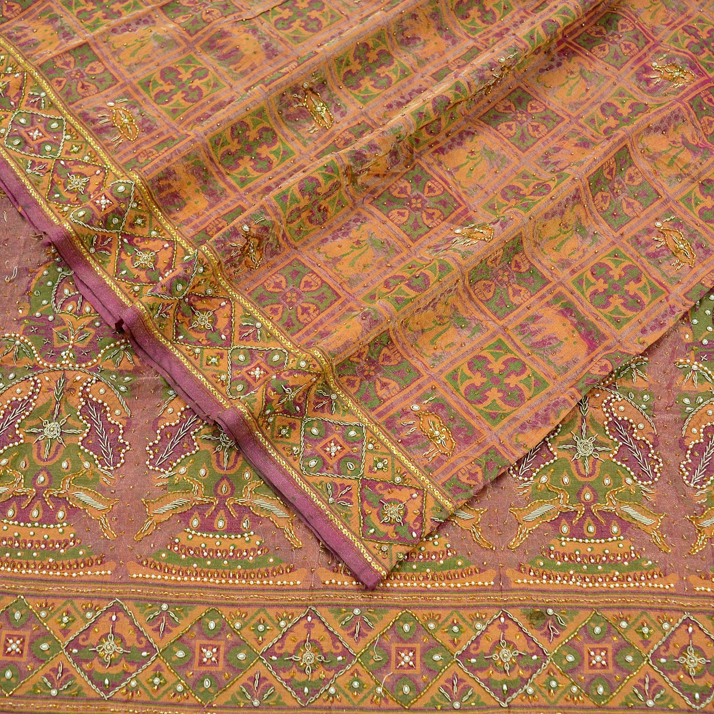 Indian Antique Vintage Heavy Wedding Sari Pure Tissue Silk Hand Embroidered Sarees 5yd Fabric Ethnic Zari Zardozi/Dabka