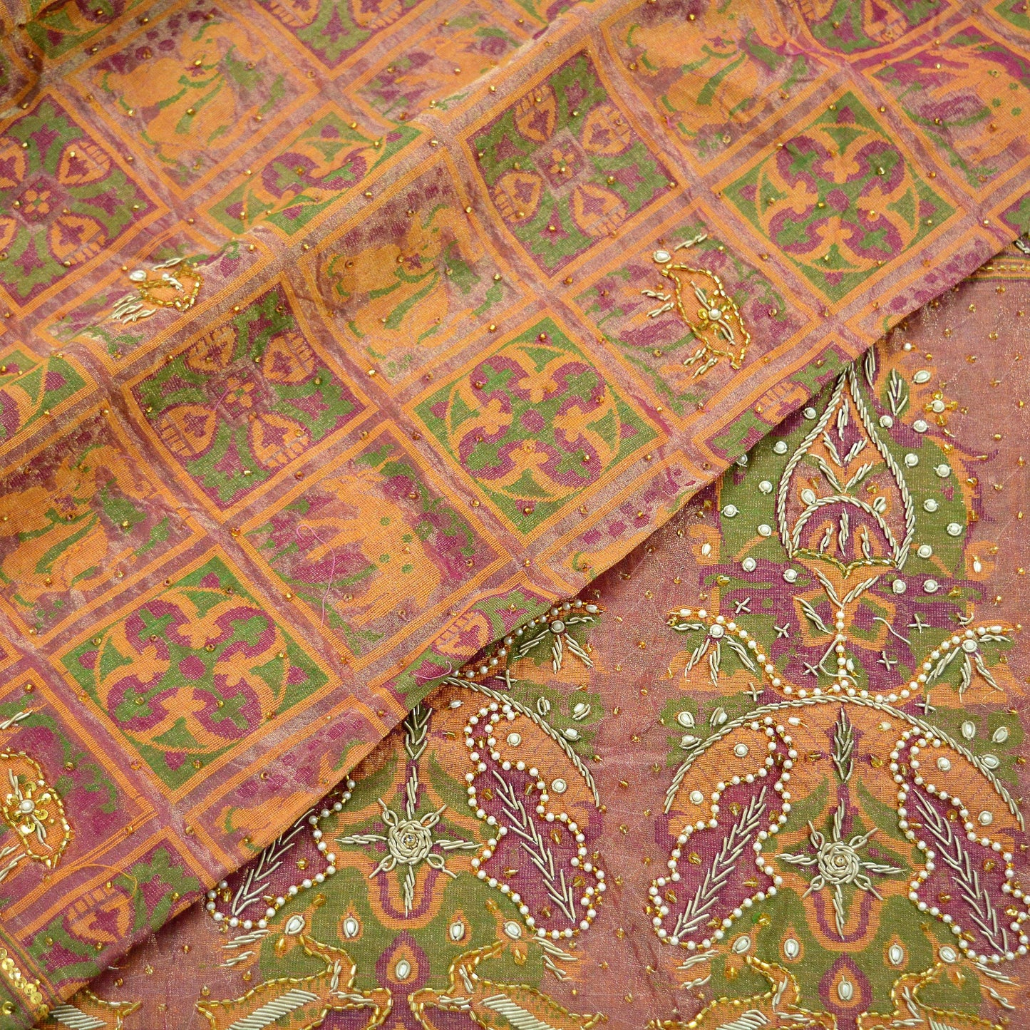 Indian Antique Vintage Heavy Wedding Sari Pure Tissue Silk Hand Embroidered Sarees 5yd Fabric Ethnic Zari Zardozi/Dabka