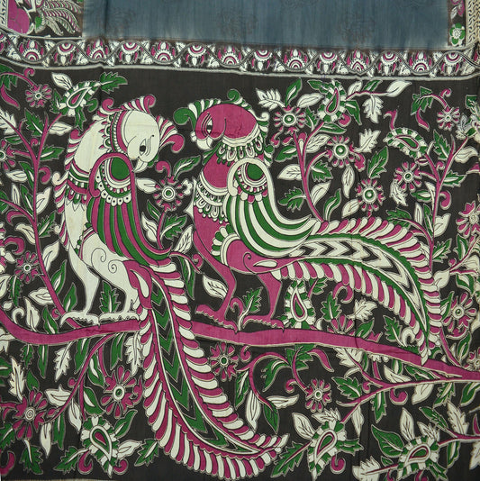 Indian Vintage Sari Gray & Brown Pure Cotton Hand Kalamkari Sarees Craft Fabric 5Yd Peacock Soft  Sewing Sarong Quilting Crafting Upcycle