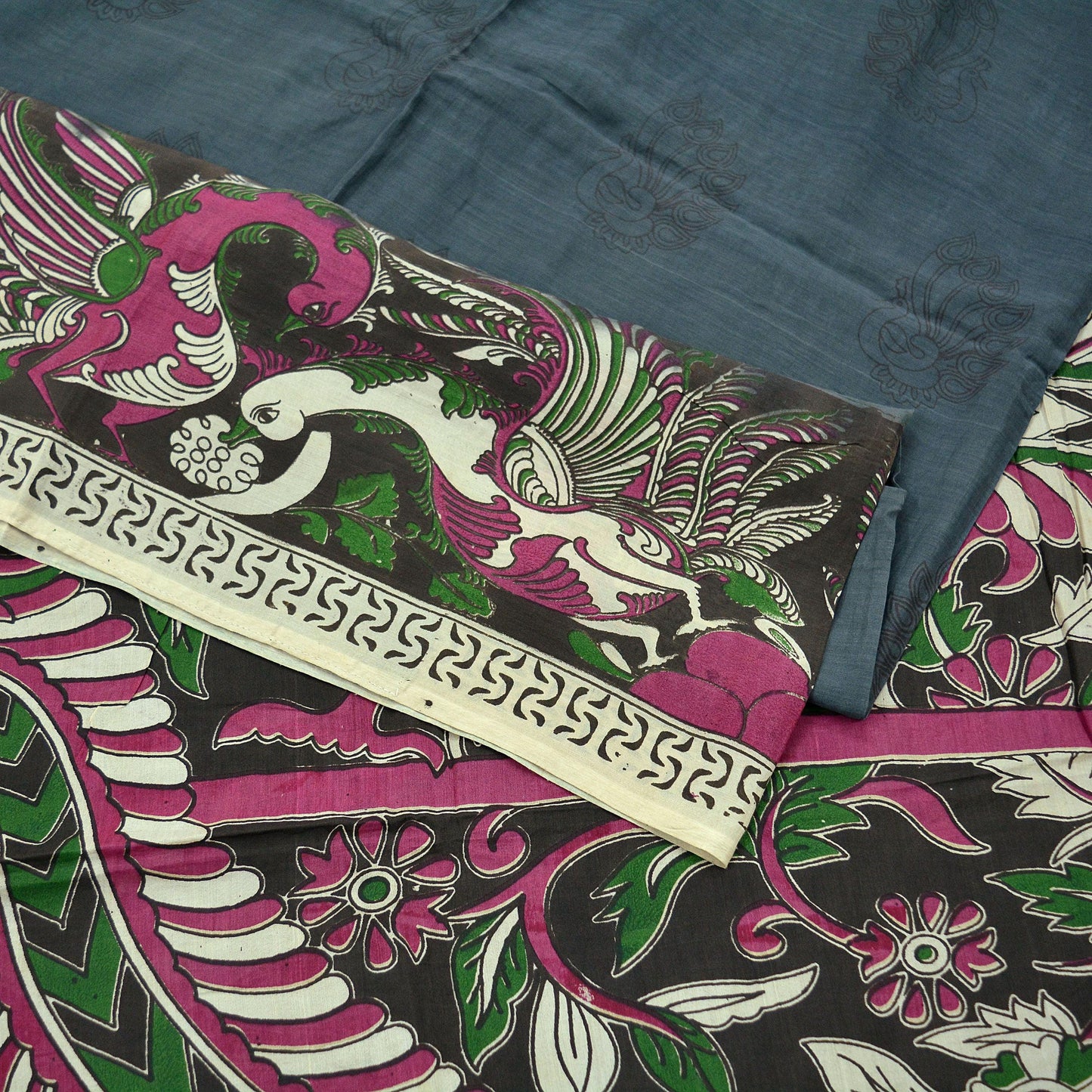 Indian Vintage Sari Gray & Brown Pure Cotton Hand Kalamkari Sarees Craft Fabric 5Yd Peacock Soft  Sewing Sarong Quilting Crafting Upcycle