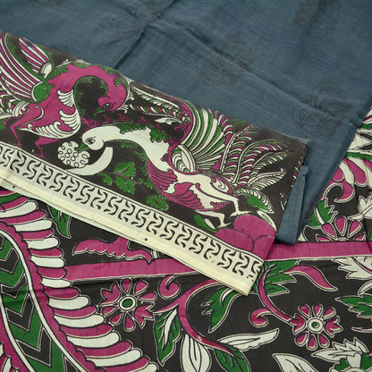 Indian Vintage Sari Gray & Brown Pure Cotton Hand Kalamkari Sarees Craft Fabric 5Yd Peacock Soft  Sewing Sarong Quilting Crafting Upcycle