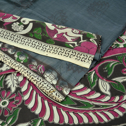 Indian Vintage Sari Gray & Brown Pure Cotton Hand Kalamkari Sarees Craft Fabric 5Yd Peacock Soft  Sewing Sarong Quilting Crafting Upcycle