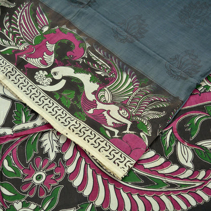 Indian Vintage Sari Gray & Brown Pure Cotton Hand Kalamkari Sarees Craft Fabric 5Yd Peacock Soft  Sewing Sarong Quilting Crafting Upcycle