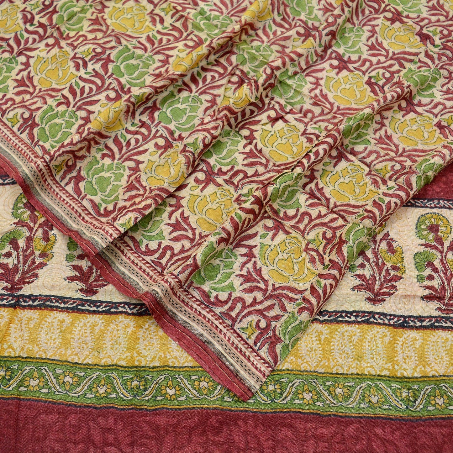 Indian Vintage Heavy Sari 100% Pure Woolen Beige Woven Printed Sarees Fabric 5Yd Craft Fabric Soft Floral Crafting Dress Making upcycle