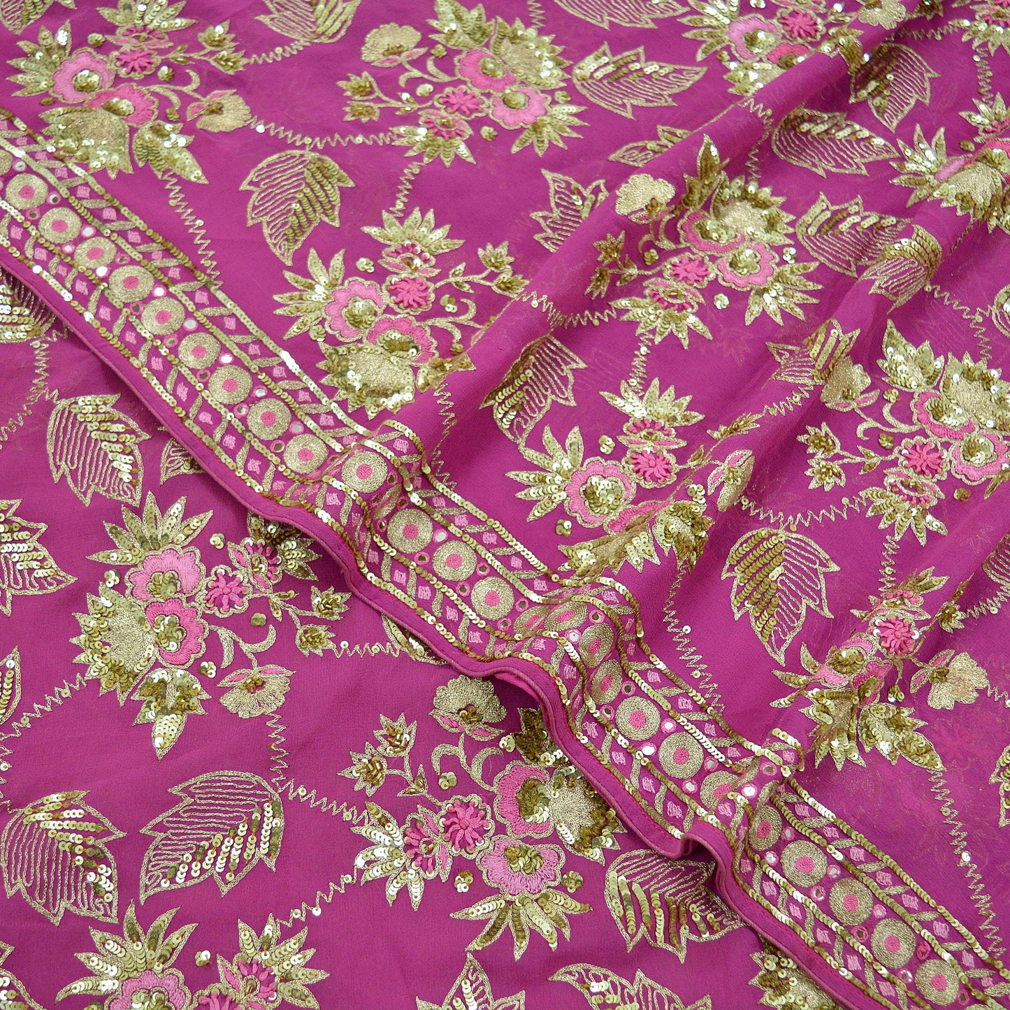 Indian Vintage Heavy Sari Pink Pure Georgette Silk Hand Beaded Sarees Craft Fabric 5Yd Sewing Soft Ethnic Wedding Heavy Sarees Dress making