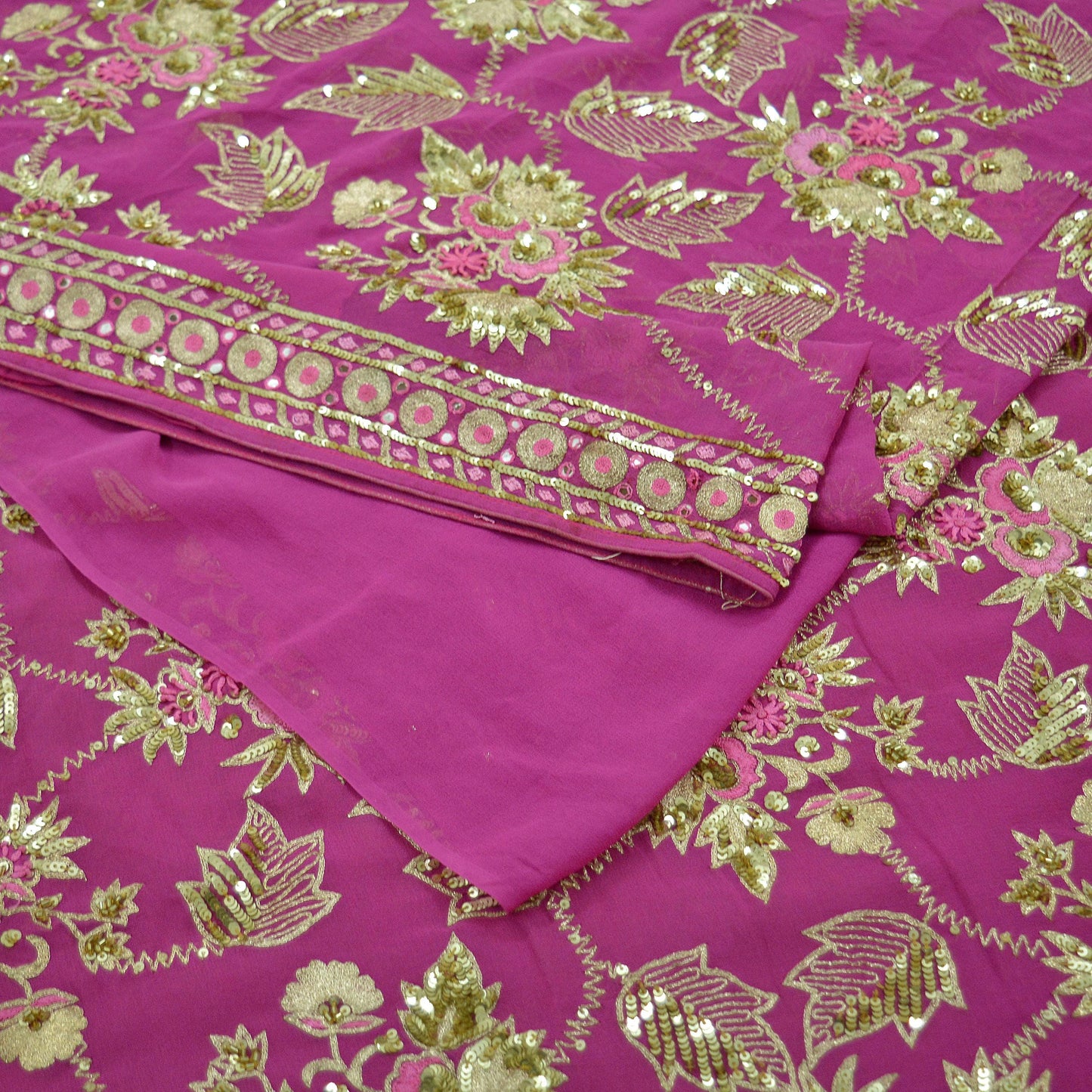 Indian Vintage Heavy Sari Pink Pure Georgette Silk Hand Beaded Sarees Craft Fabric 5Yd Sewing Soft Ethnic Wedding Heavy Sarees Dress making