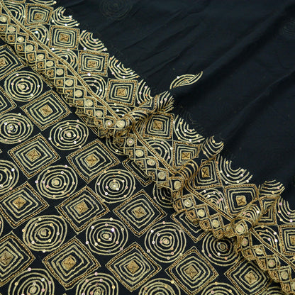 Indian Vintage Heavy Sari Black Pure Georgette Silk Hand Beaded Sarees Fabric 5Yd Sewing Soft Ethnic Glass Beaded Dress Making Silk sarees