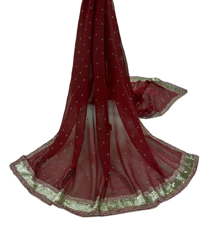 Indian Vintage Dupatta Maroon Pure Georgette silk Long Stole Hand Embroidered Scarves Stole Veil Wrap Sequins