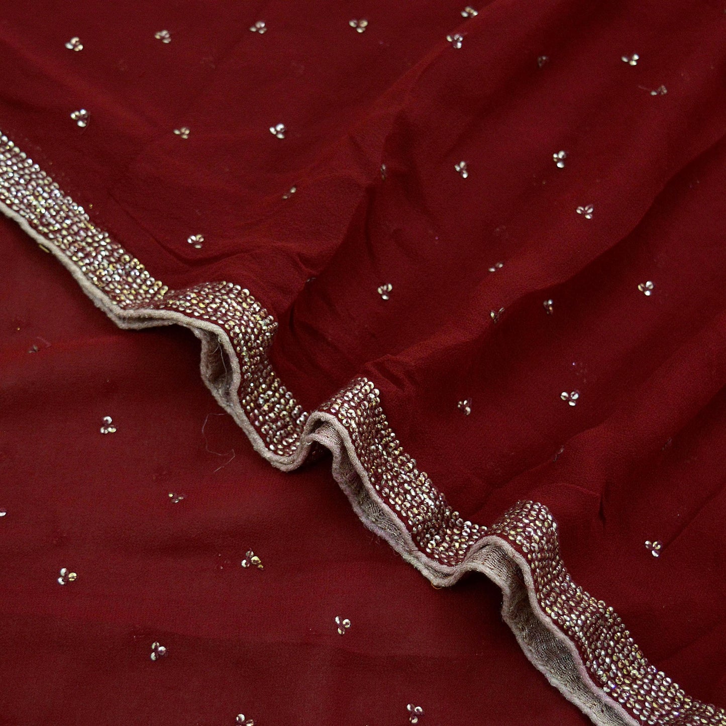 Indian Vintage Dupatta Maroon Pure Georgette silk Long Stole Hand Embroidered Scarves Stole Veil Wrap Sequins