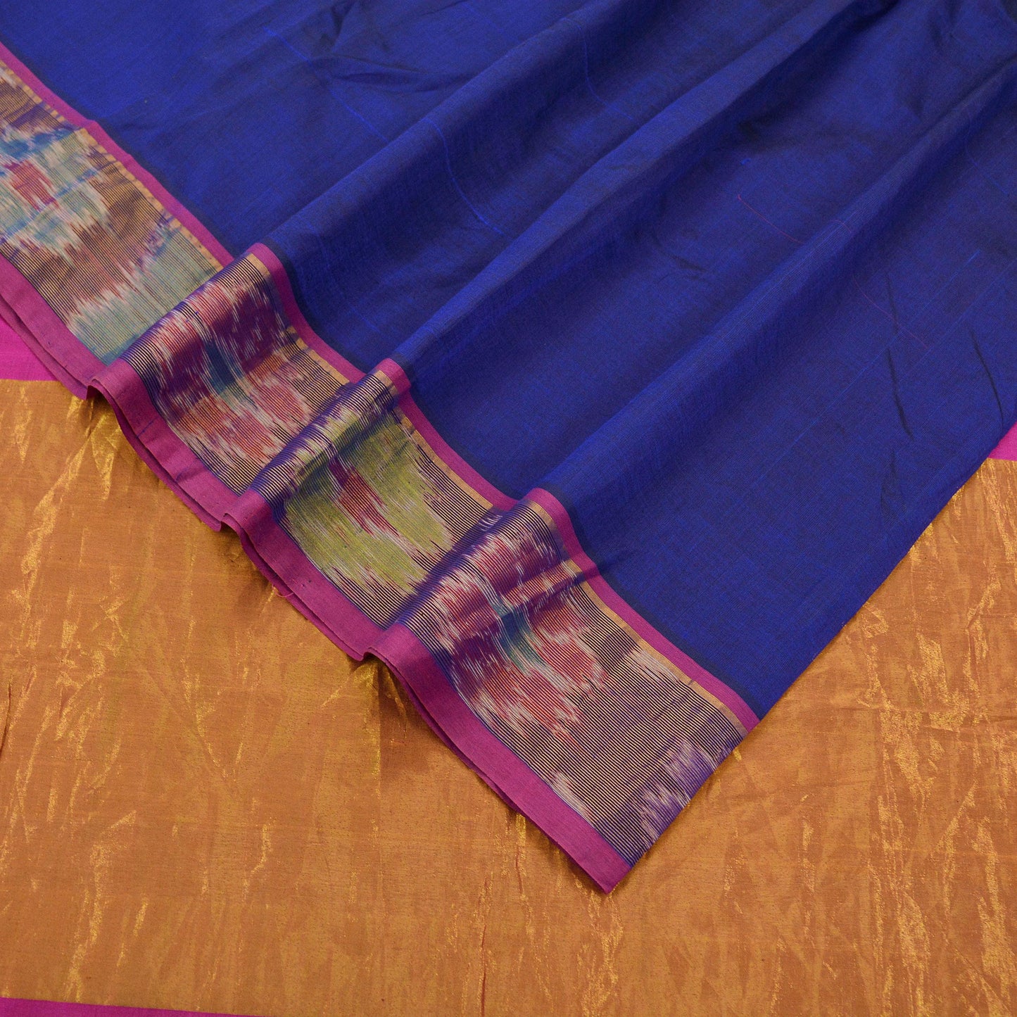 Indian Vintage Sari Blue & Pink Blend Cotton Hand Woven Saree Fabric 5Yd Golden Zari Border Fringes on pallu Dress making Bollywood Sarees