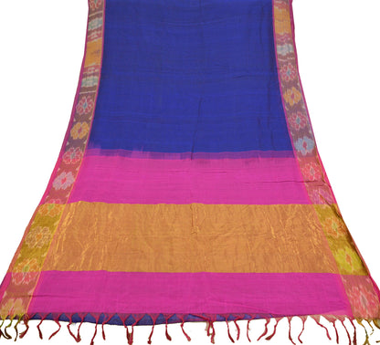 Indian Vintage Sari Blue & Pink Blend Cotton Hand Woven Saree Fabric 5Yd Golden Zari Border Fringes on pallu Dress making Bollywood Sarees