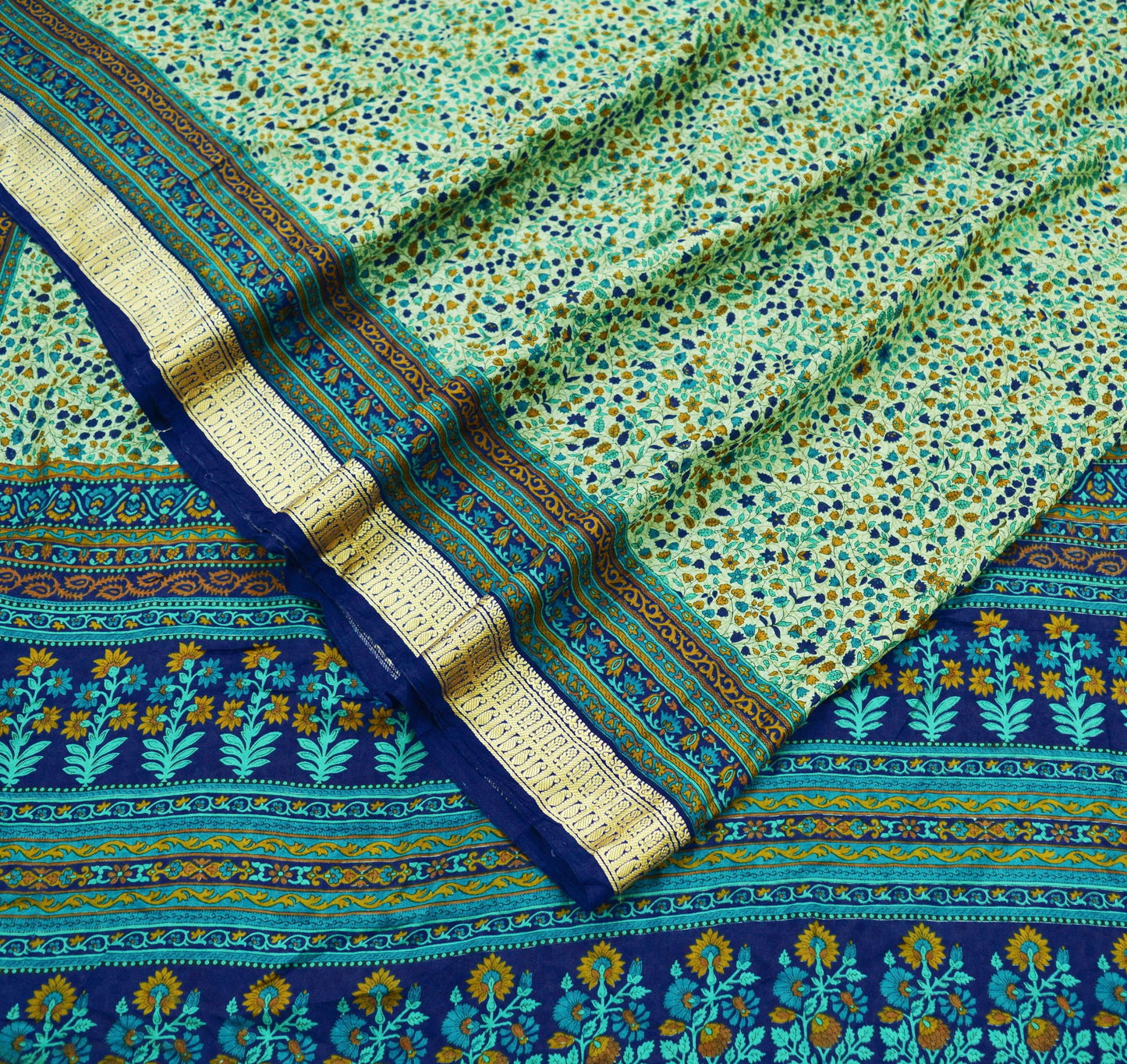 Indian Vintage Sari Green & Blue 100% Pure Silk Printed Sarees 5yd Sewing Craft Fabric Dress Making Soft Woven Border Upcycle Quilting