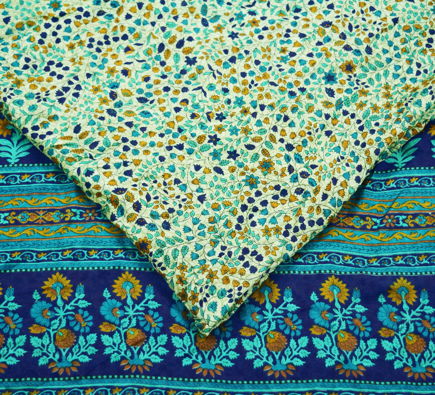 Indian Vintage Sari Green & Blue 100% Pure Silk Printed Sarees 5yd Sewing Craft Fabric Dress Making Soft Woven Border Upcycle Quilting