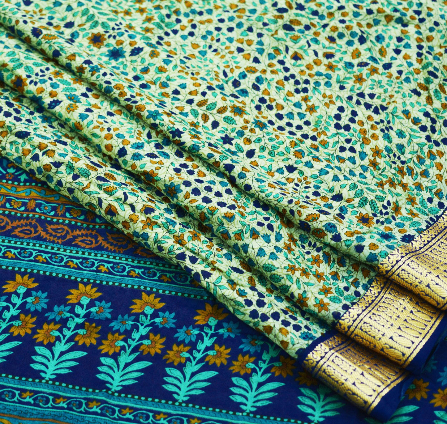 Indian Vintage Sari Green & Blue 100% Pure Silk Printed Sarees 5yd Sewing Craft Fabric Dress Making Soft Woven Border Upcycle Quilting