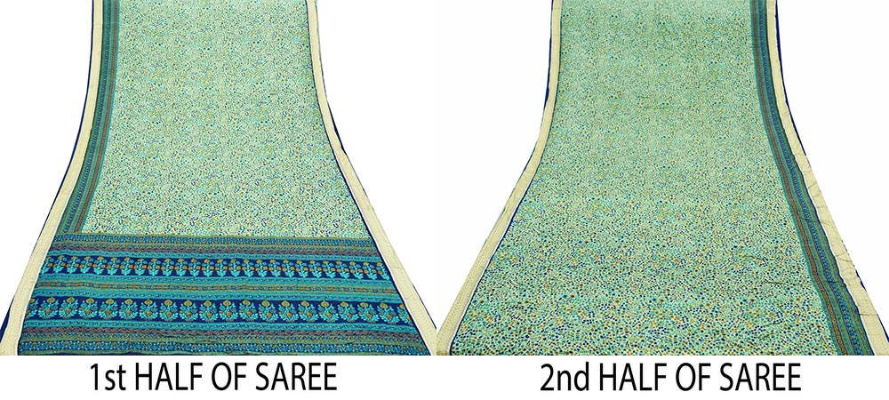 Indian Vintage Sari Green & Blue 100% Pure Silk Printed Sarees 5yd Sewing Craft Fabric Dress Making Soft Woven Border Upcycle Quilting