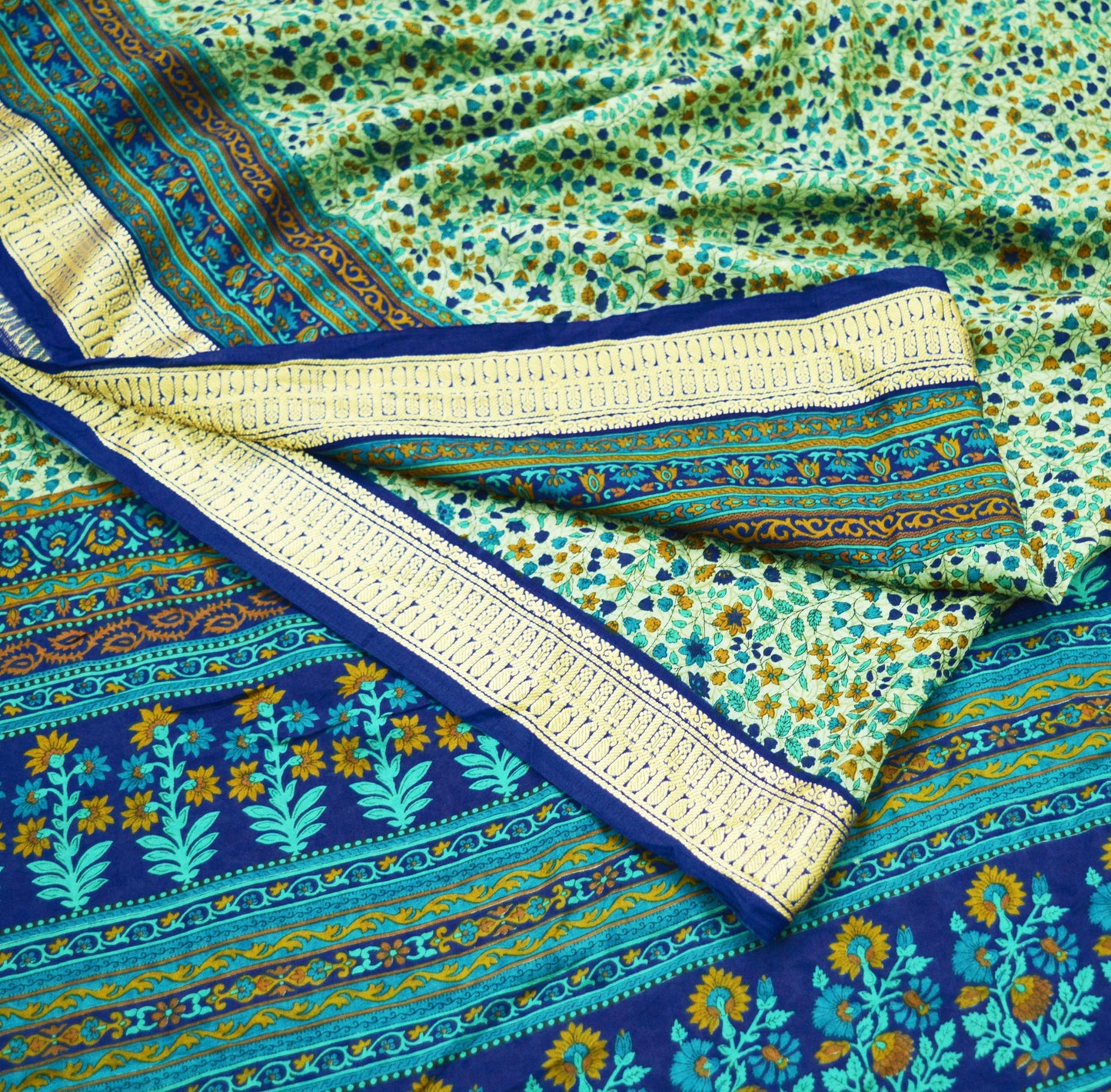 Indian Vintage Sari Green & Blue 100% Pure Silk Printed Sarees 5yd Sewing Craft Fabric Dress Making Soft Woven Border Upcycle Quilting