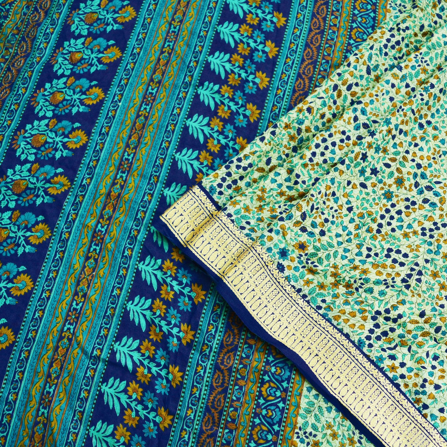 Indian Vintage Sari Green & Blue 100% Pure Silk Printed Sarees 5yd Sewing Craft Fabric Dress Making Soft Woven Border Upcycle Quilting