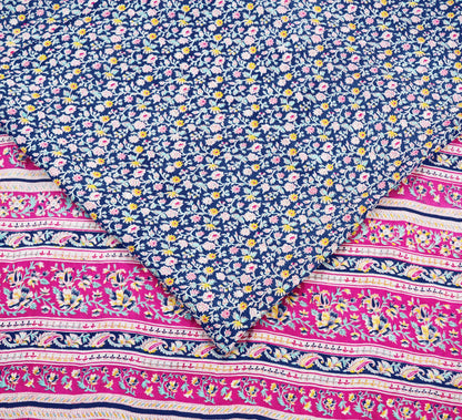 Indian Vintage Sari Pink & Blue 100% Pure Silk Printed Sarees Craft Fabric 5yd Sewing Soft Floral DressMaking Quilting Crafting Upcycle