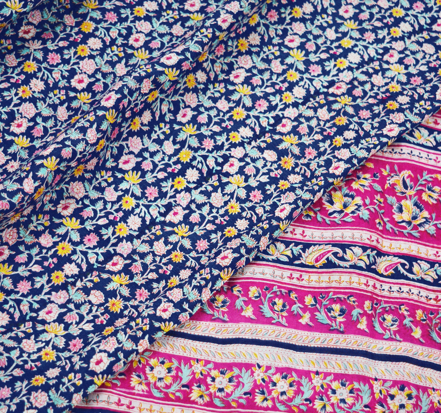 Indian Vintage Sari Pink & Blue 100% Pure Silk Printed Sarees Craft Fabric 5yd Sewing Soft Floral DressMaking Quilting Crafting Upcycle