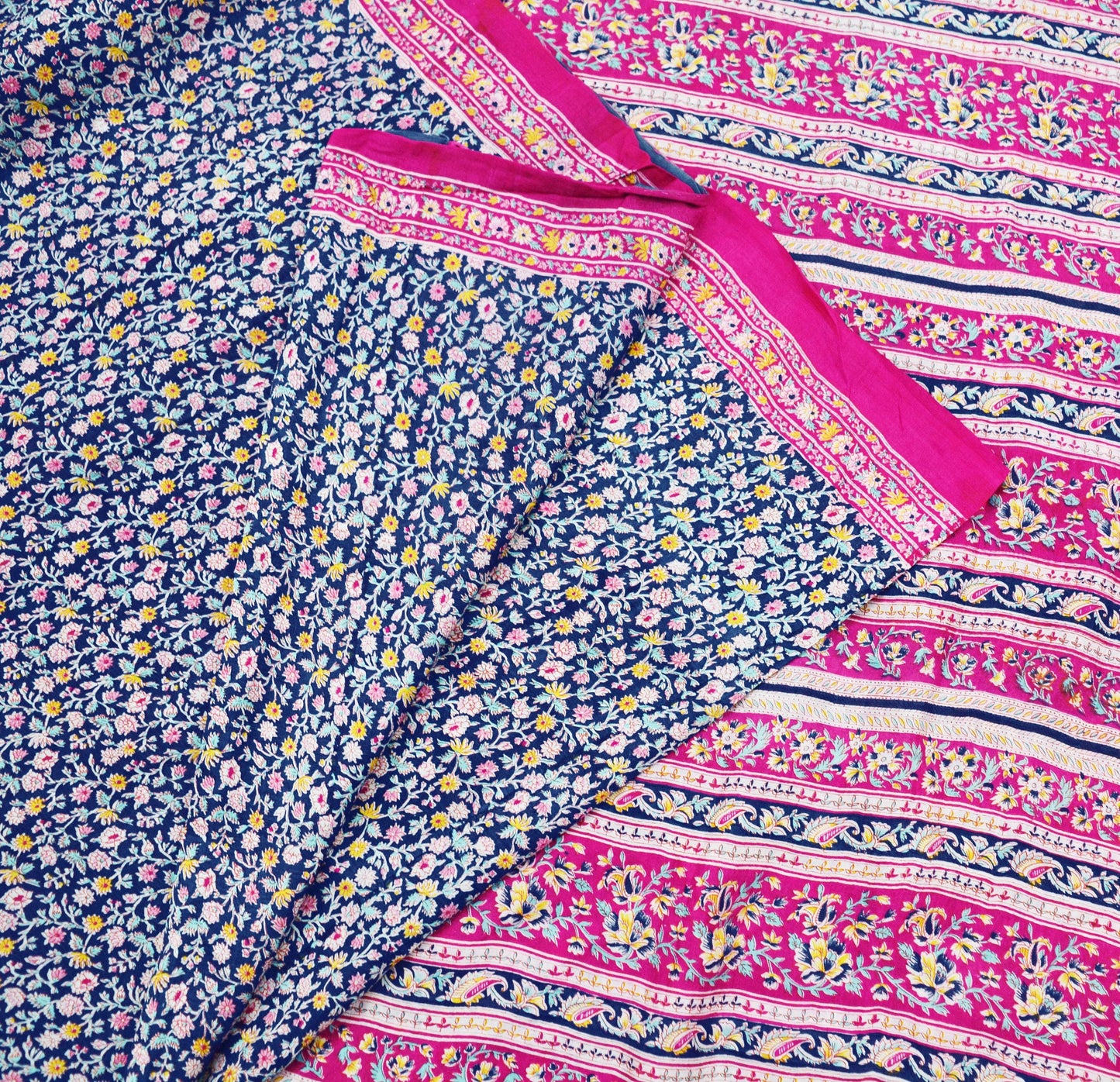 Indian Vintage Sari Pink & Blue 100% Pure Silk Printed Sarees Craft Fabric 5yd Sewing Soft Floral DressMaking Quilting Crafting Upcycle