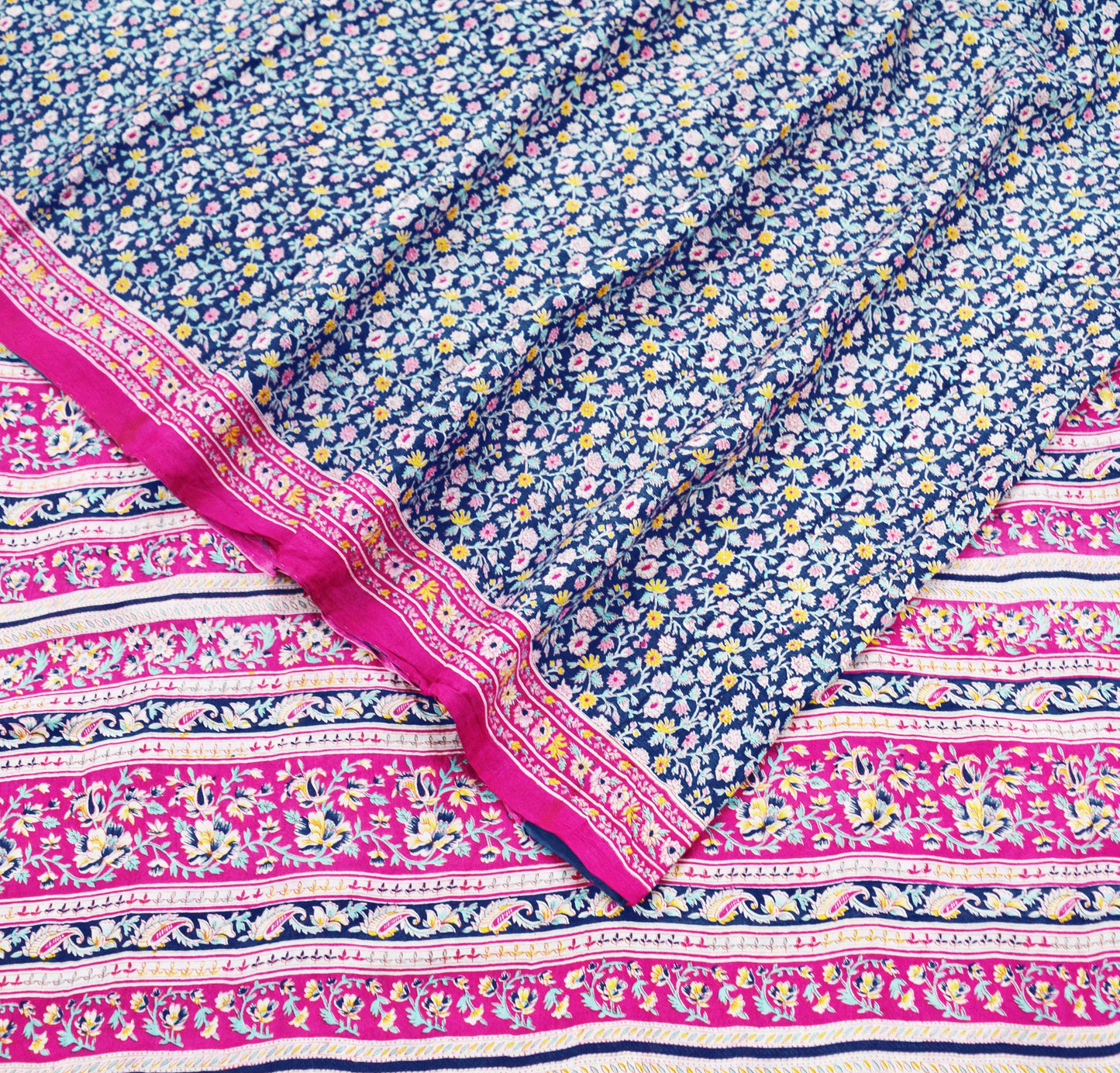 Indian Vintage Sari Pink & Blue 100% Pure Silk Printed Sarees Craft Fabric 5yd Sewing Soft Floral DressMaking Quilting Crafting Upcycle