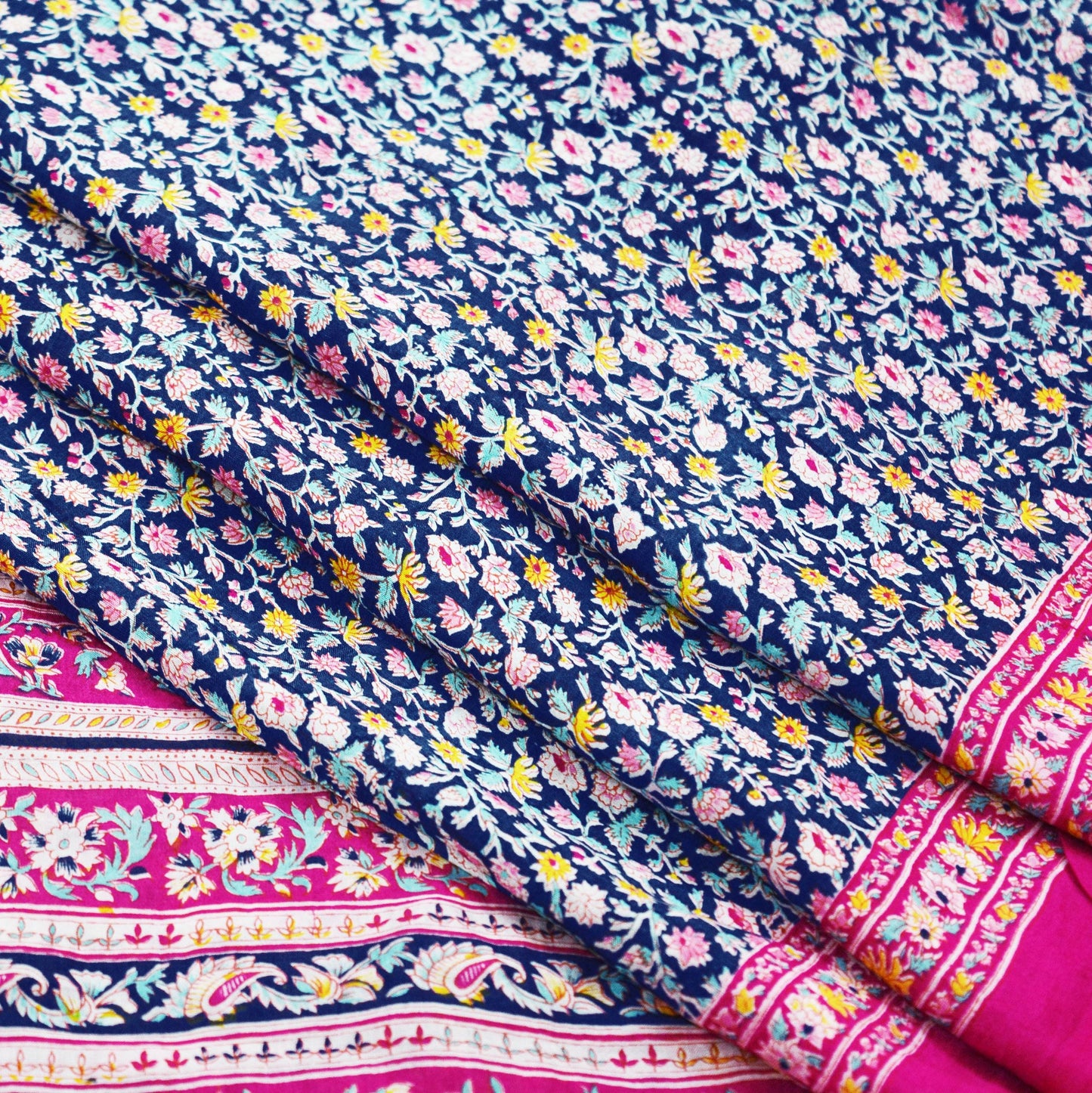 Indian Vintage Sari Pink & Blue 100% Pure Silk Printed Sarees Craft Fabric 5yd Sewing Soft Floral DressMaking Quilting Crafting Upcycle