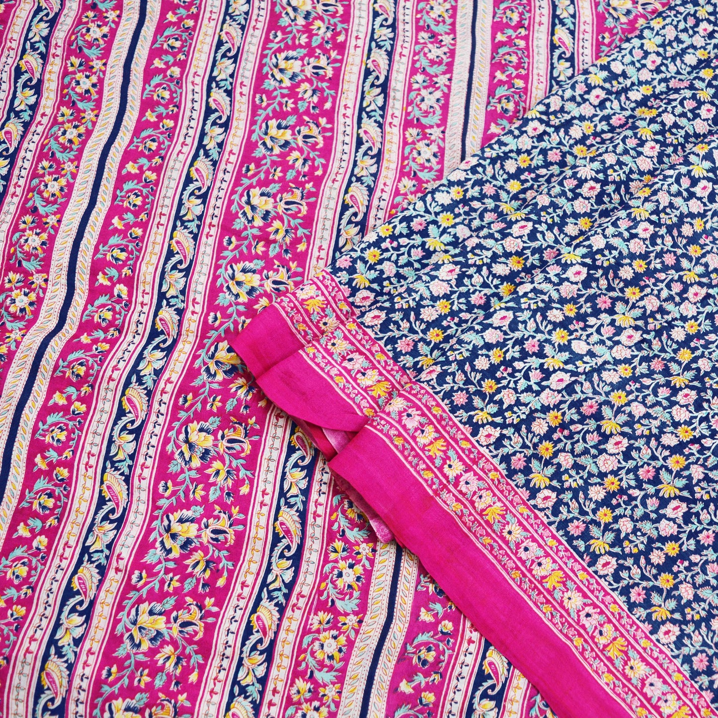 Indian Vintage Sari Pink & Blue 100% Pure Silk Printed Sarees Craft Fabric 5yd Sewing Soft Floral DressMaking Quilting Crafting Upcycle