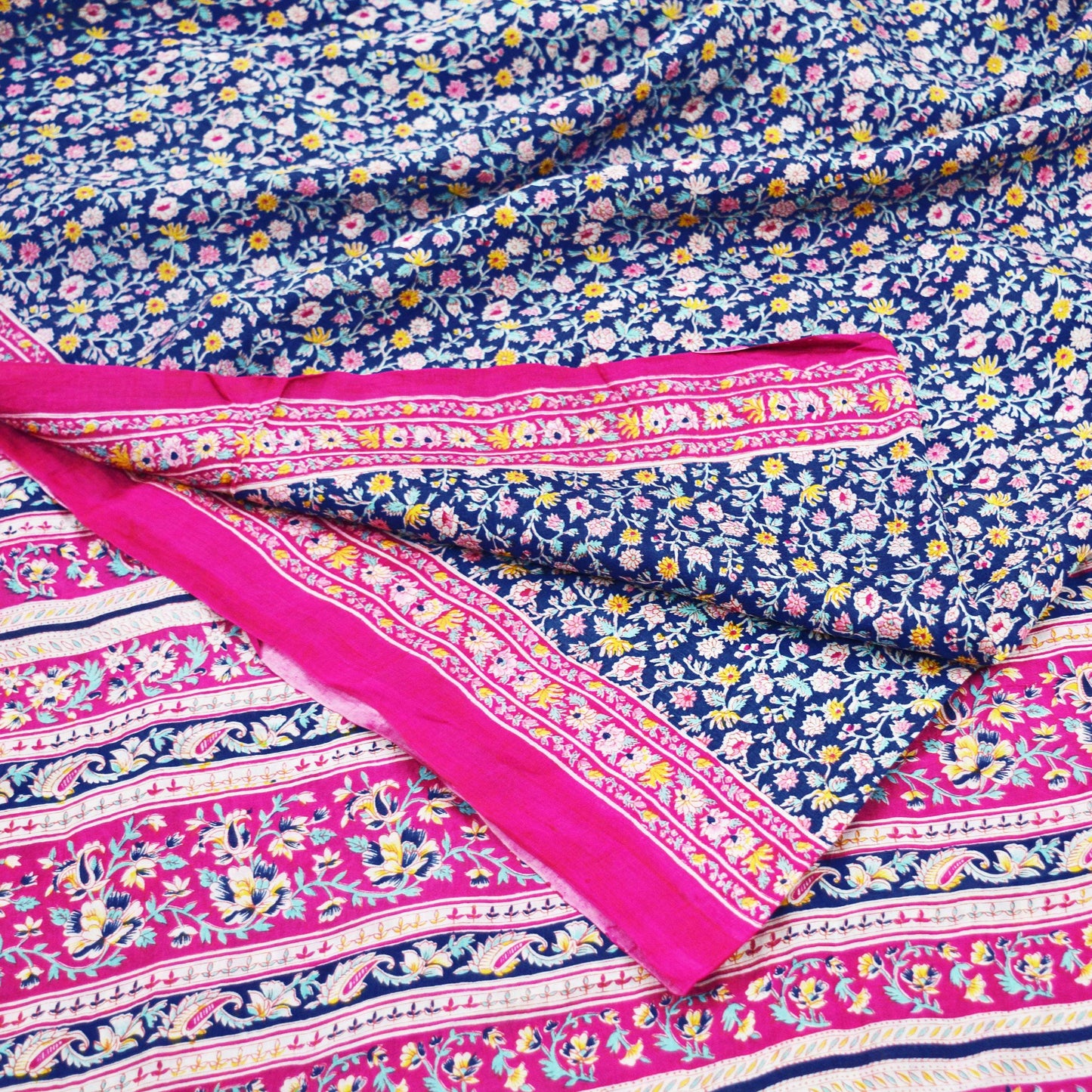 Indian Vintage Sari Pink & Blue 100% Pure Silk Printed Sarees Craft Fabric 5yd Sewing Soft Floral DressMaking Quilting Crafting Upcycle