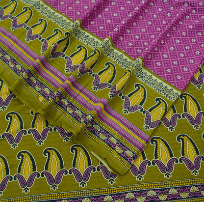Indian Vintage Sari Purple & Green Pure Cotton Printed Saree 5Yd Craft Fabric Sewing Sarong Wrap Boho Floral Quilting crafting dressmaking