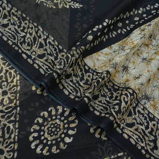 Indian Vintage Beige & Black Saree Batik Printed 100% Pure Cotton Indian Sari Craft Fabric 5Yd Soft Sewing Sarong Wrap Boho Quilting Upcycle