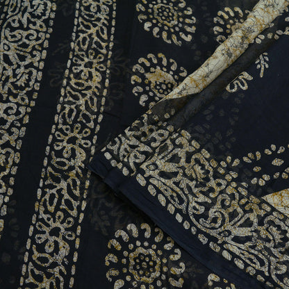 Indian Vintage Beige & Black Saree Batik Printed 100% Pure Cotton Indian Sari Craft Fabric 5Yd Soft Sewing Sarong Wrap Boho Quilting Upcycle