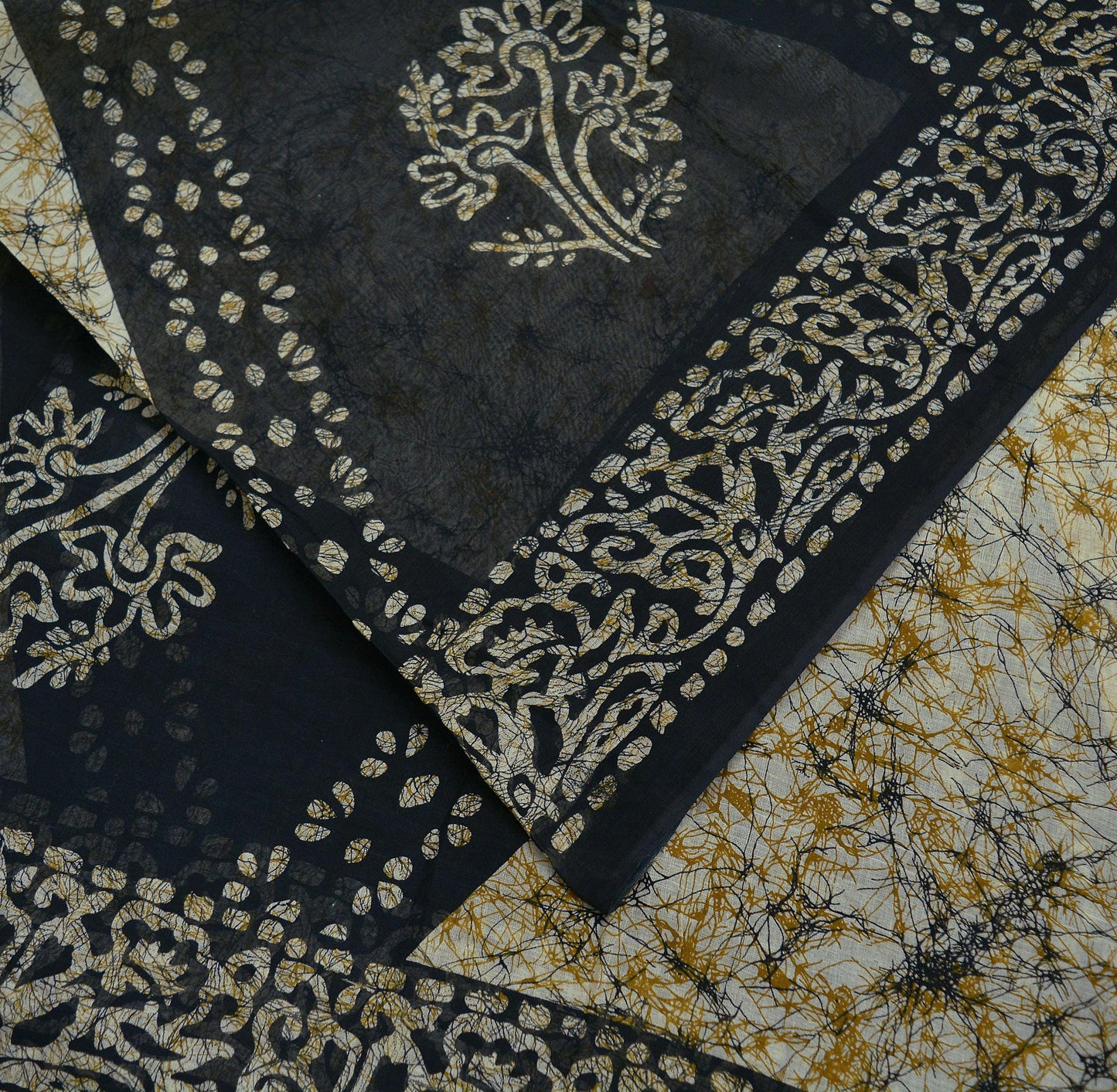Indian Vintage Beige & Black Saree Batik Printed 100% Pure Cotton Indian Sari Craft Fabric 5Yd Soft Sewing Sarong Wrap Boho Quilting Upcycle