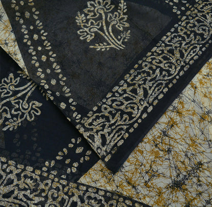 Indian Vintage Beige & Black Saree Batik Printed 100% Pure Cotton Indian Sari Craft Fabric 5Yd Soft Sewing Sarong Wrap Boho Quilting Upcycle