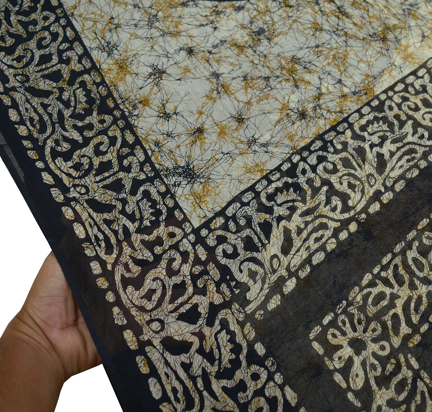 Indian Vintage Beige & Black Saree Batik Printed 100% Pure Cotton Indian Sari Craft Fabric 5Yd Soft Sewing Sarong Wrap Boho Quilting Upcycle