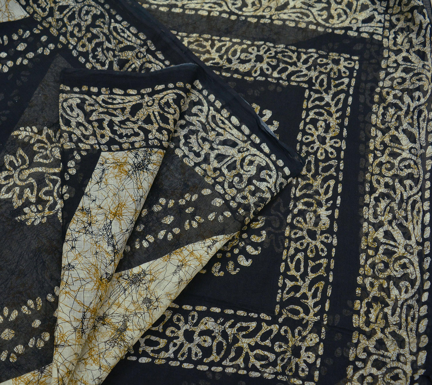 Indian Vintage Beige & Black Saree Batik Printed 100% Pure Cotton Indian Sari Craft Fabric 5Yd Soft Sewing Sarong Wrap Boho Quilting Upcycle