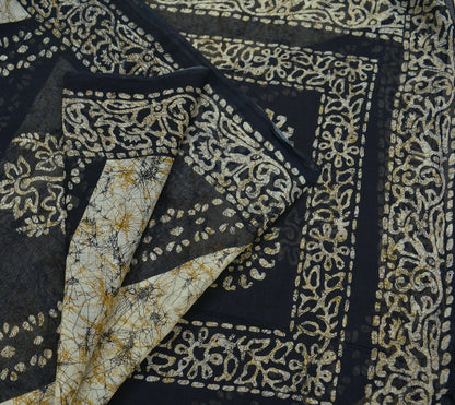 Indian Vintage Beige & Black Saree Batik Printed 100% Pure Cotton Indian Sari Craft Fabric 5Yd Soft Sewing Sarong Wrap Boho Quilting Upcycle