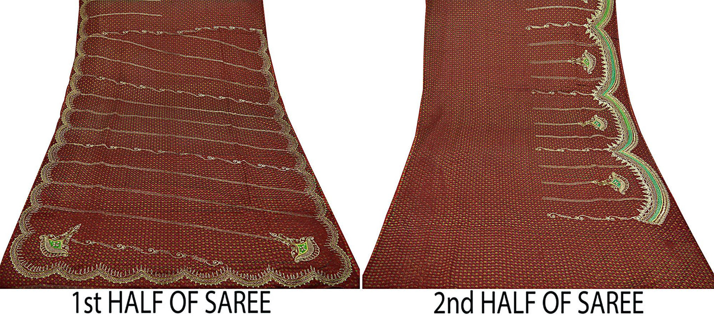 Indian Vintage Sari Maroon Hand Embroidered Georgette Saree Craft Fabric 5Yd Ethnic Zardozi/Dabka Zari Dress making Zardozi/ Dabka Zari