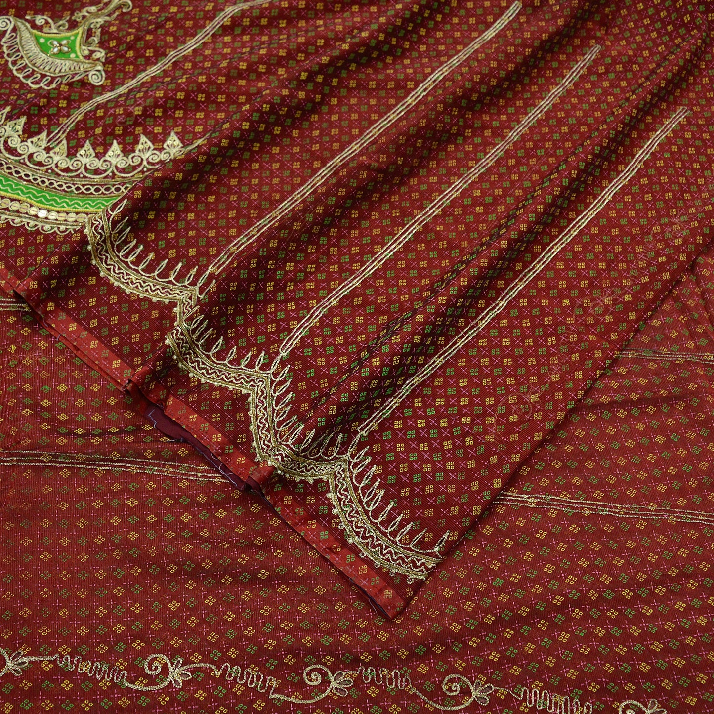 Indian Vintage Sari Maroon Hand Embroidered Georgette Saree Craft Fabric 5Yd Ethnic Zardozi/Dabka Zari Dress making Zardozi/ Dabka Zari