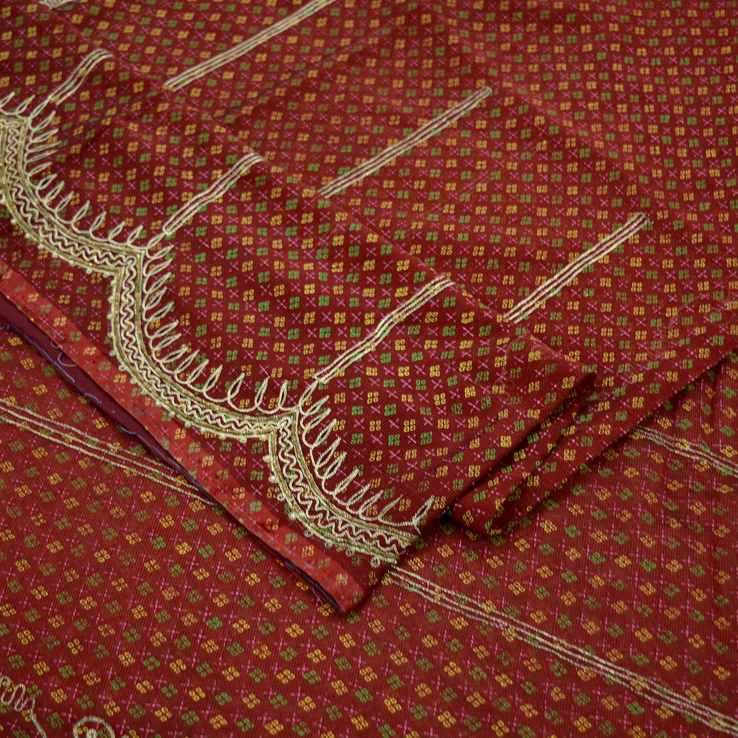 Indian Vintage Sari Maroon Hand Embroidered Georgette Saree Craft Fabric 5Yd Ethnic Zardozi/Dabka Zari Dress making Zardozi/ Dabka Zari